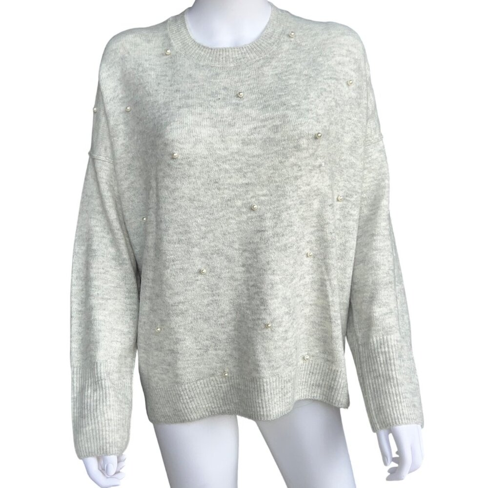CeCe Light Gray Pearl Embellished Sweater Acrylic Blend Crewneck Womens Size XL